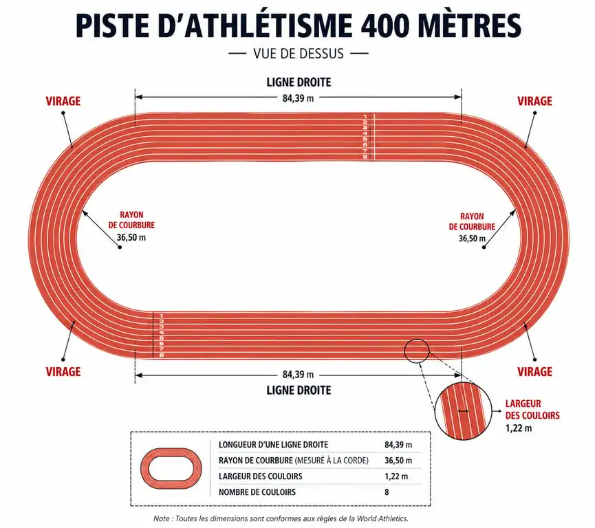 Schéma technique et dimensions d'une piste d'athlétisme standard de 400 mètres