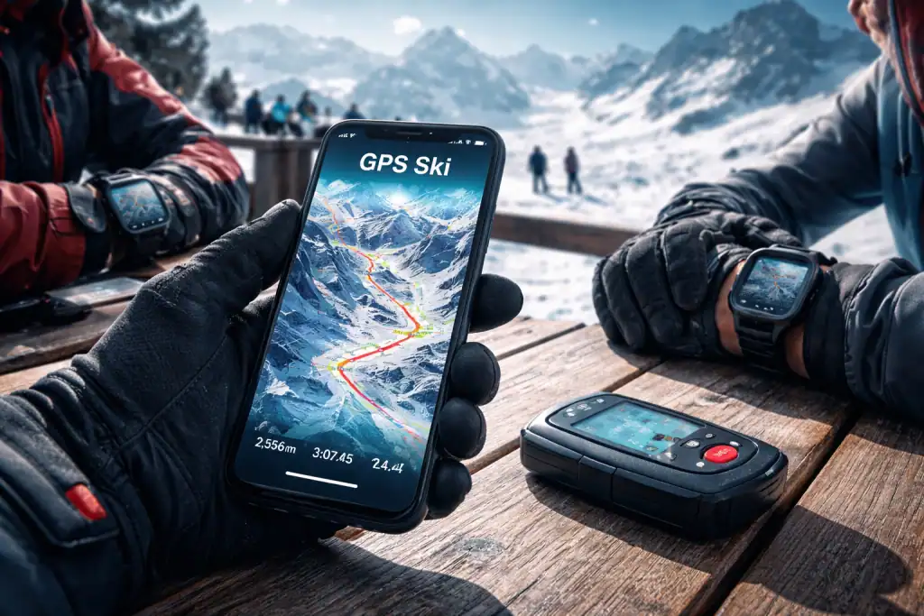 gps ski sur terrasse avec montre smartphone et boîtier