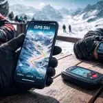 gps ski sur terrasse avec montre smartphone et boîtier