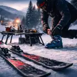 Ski de descente posé sur neige au lever du jour