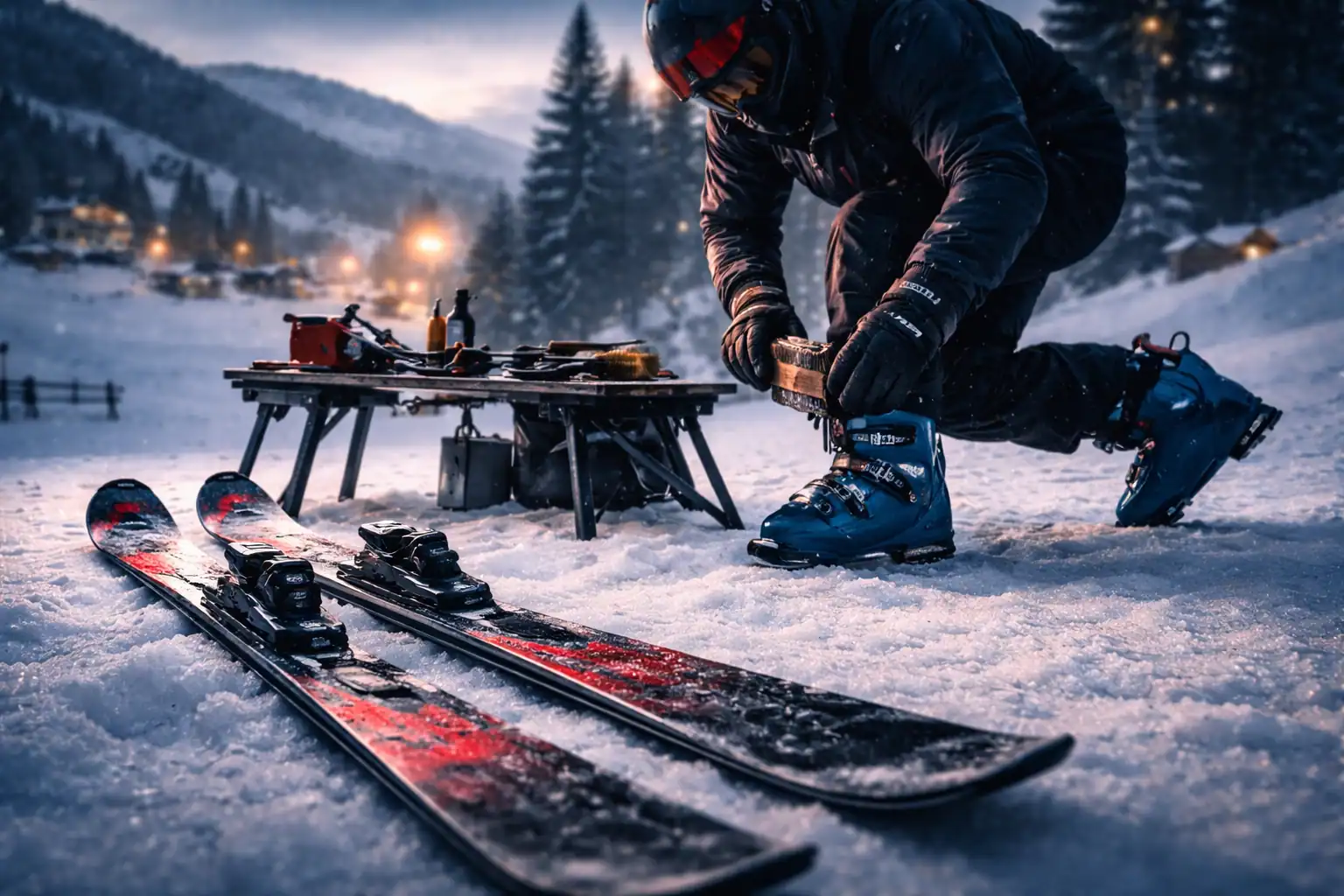 Ski de descente posé sur neige au lever du jour