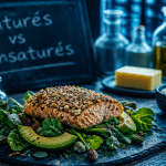 acide gras sature et insature sur table avec saumon avocat huile