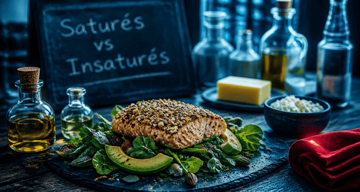 acide gras sature et insature sur table avec saumon avocat huile