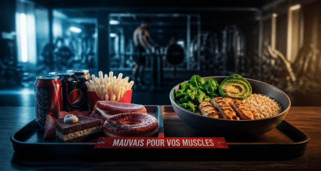 aliments mauvais pour les muscles sur un plateau