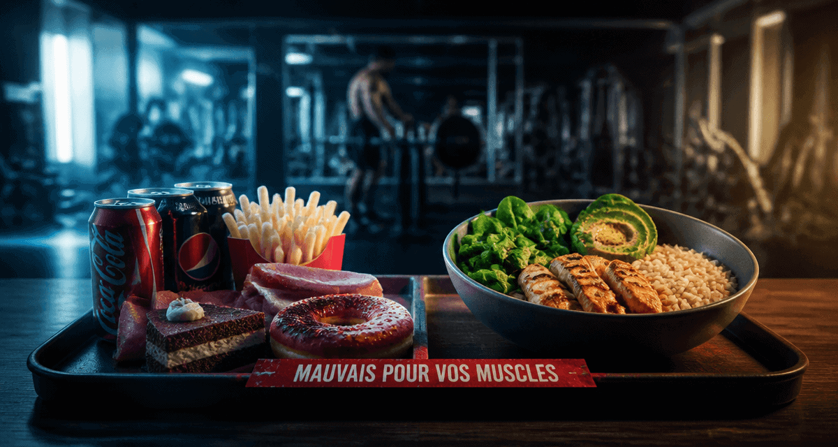 aliments mauvais pour les muscles sur un plateau