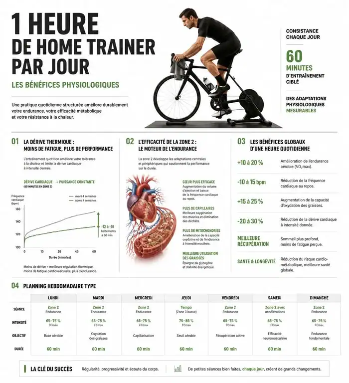 Infographie sur les bénéfices et le planning d'entraînement pour 1h de home trainer par jour