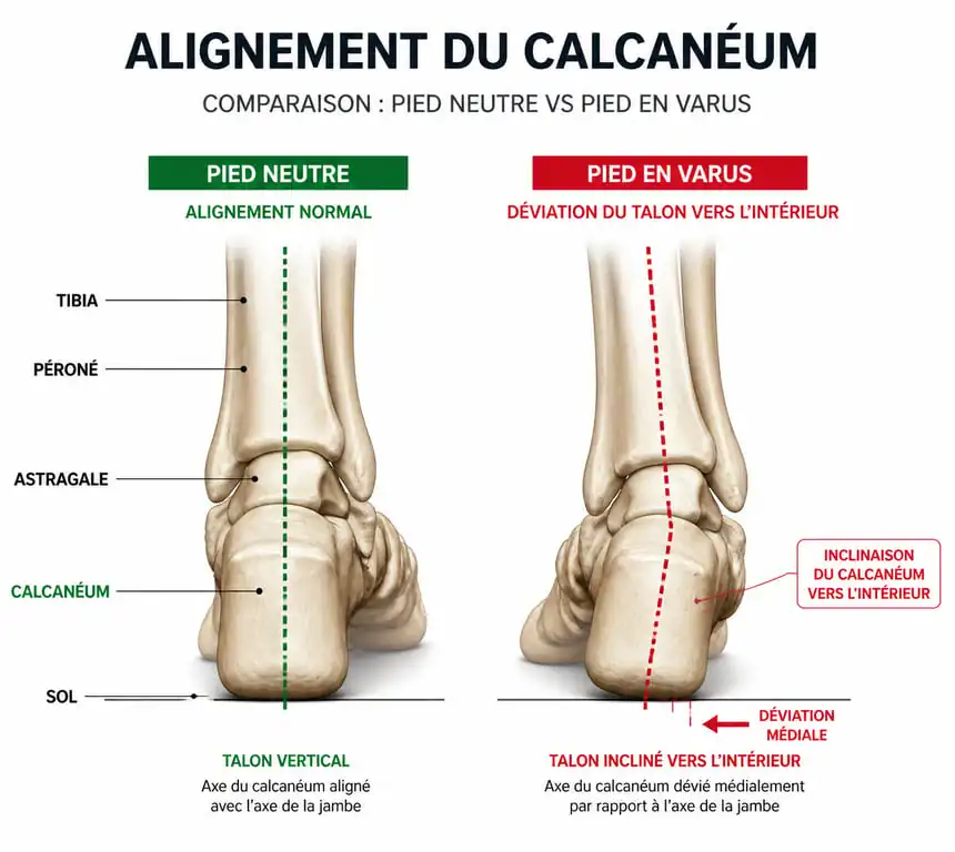 Schéma anatomique comparatif du varus du pied montrant l'inclinaison du calcanéum
