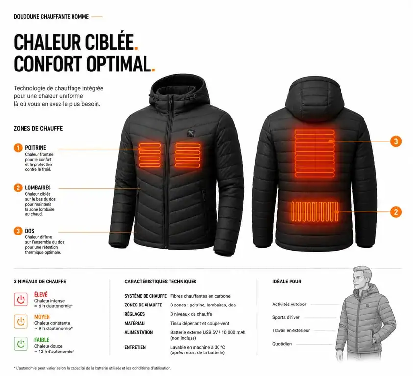 Schéma technique des zones de chauffe d'une doudoune chauffante homme
