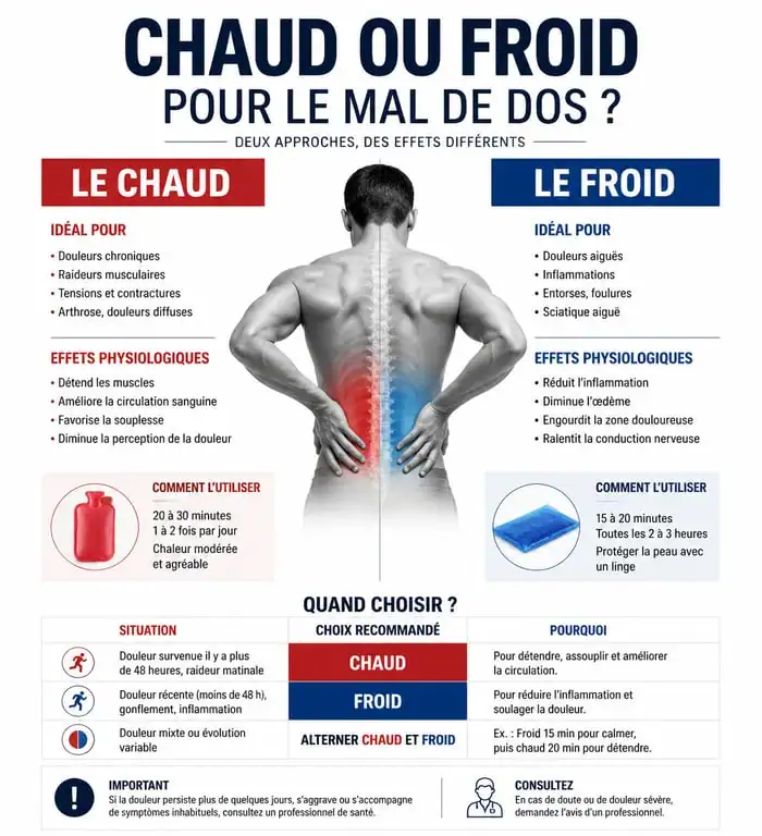 Infographie comparative : chaud ou froid pour le mal de dos, guide pratique des bienfaits et usages