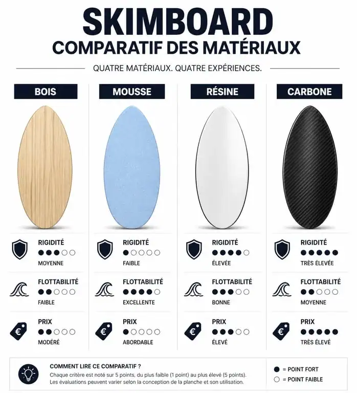 Comparatif des matériaux de skimboard board : bois, mousse, résine et carbone