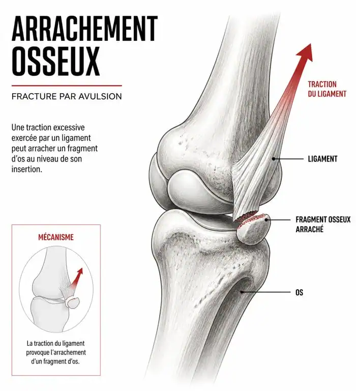 Schéma illustrant le mécanisme d'un arrachement osseux avec un fragment d'os détaché par un ligament