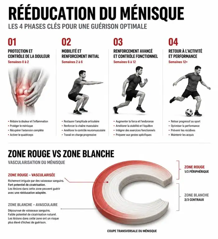 Infographie des phases de rééducation ménisque non opéré et zones de cicatrisation