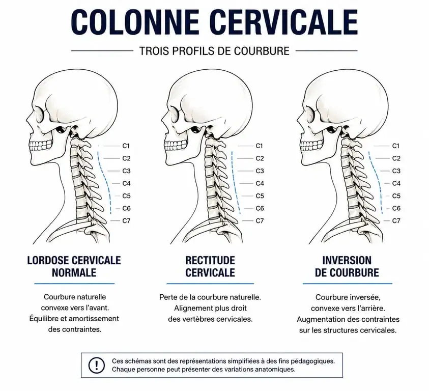 Schéma comparatif des courbures de la lordose cervicale : normale, rectitude et inversion