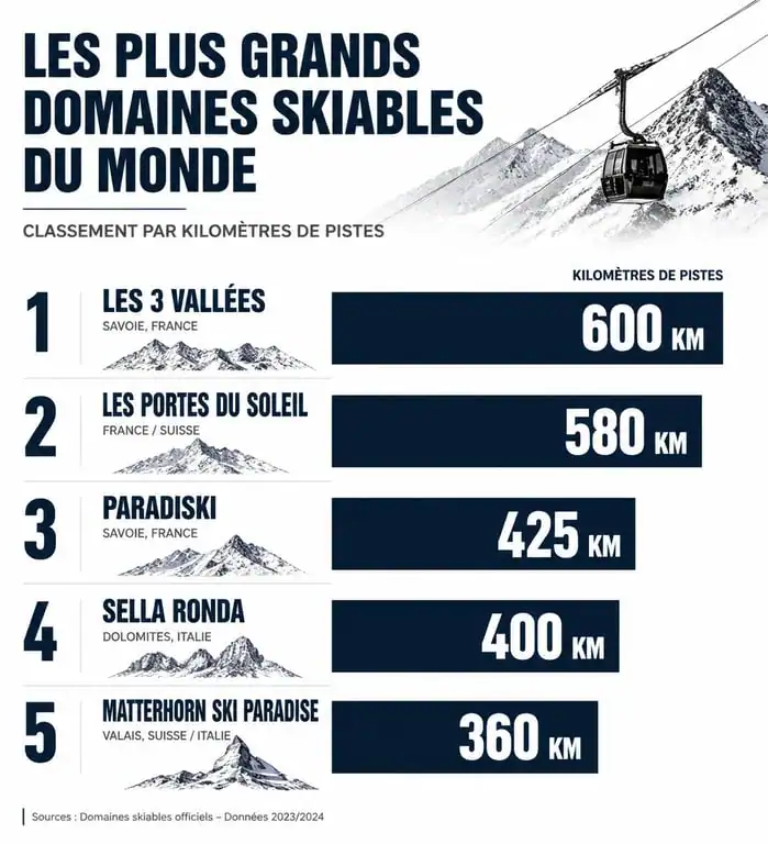 Infographie comparative des plus grands domaines skiables du monde incluant Les 3 Vallées