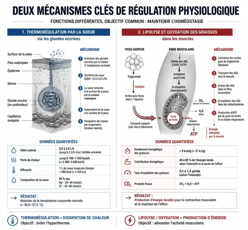 Infographie expliquant la différence entre la transpiration et la perte de graisse pour comprendre si transpirer fait maigrir