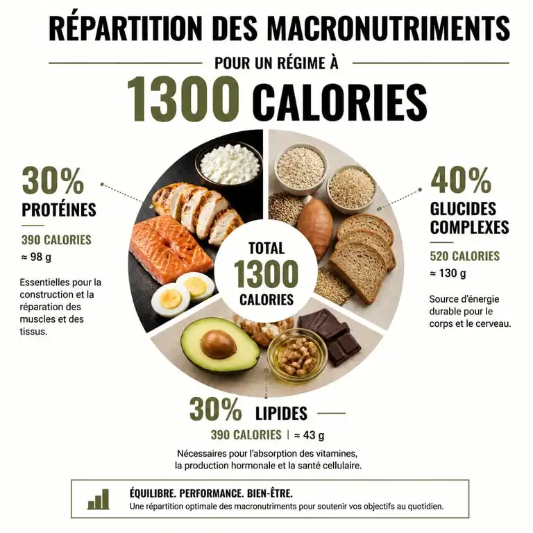 Répartition des macronutriments pour un régime de 1300 calories par jour