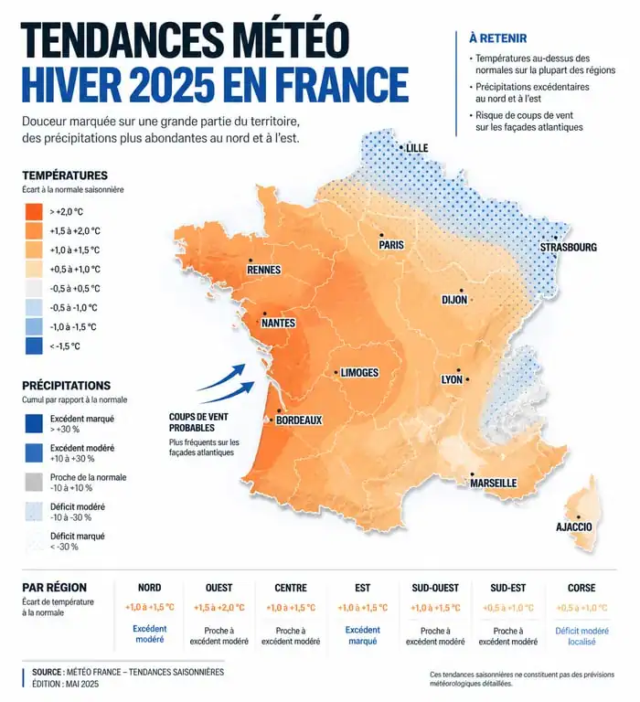 Carte des tendances météo hiver 2025 en France : prévisions de températures et précipitations