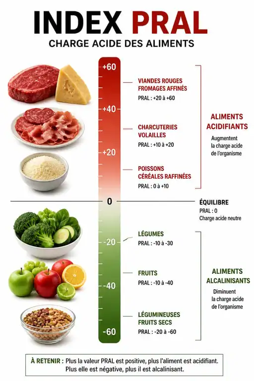 Infographie illustrant l'indice PRAL des aliments pour comprendre l'équilibre acido-basique