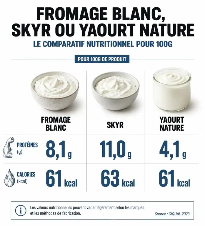 Comparatif nutritionnel : fromage blanc protéiné, skyr et yaourt classique