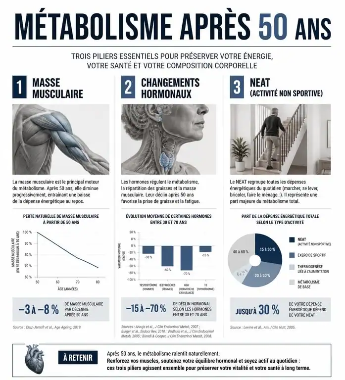 Infographie sur les facteurs influençant le métabolisme après 50 ans : masse musculaire, hormones et activité physique