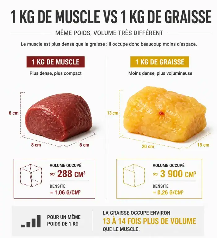 Comparaison visuelle entre la densité du muscle et de la graisse pour expliquer pourquoi on s'affine sans perdre de poids