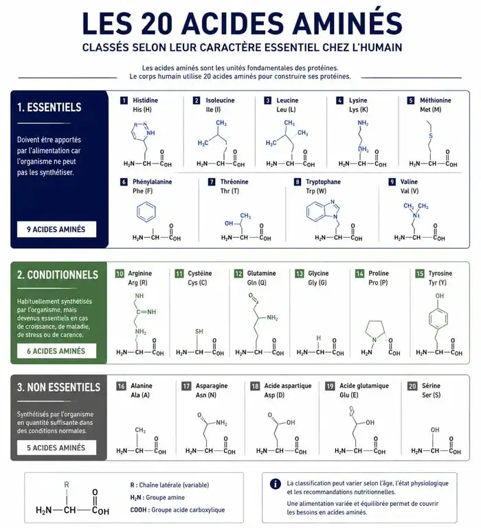 Tableau récapitulatif de la classification des 20 acides aminés essentiels et non essentiels