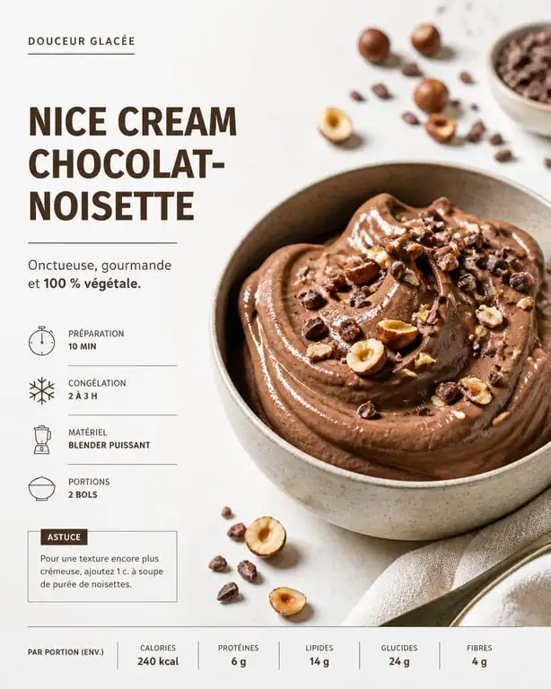 Bol de Nice Cream chocolat-noisette maison, une recette de glace healthy onctueuse et sans sucre ajouté.