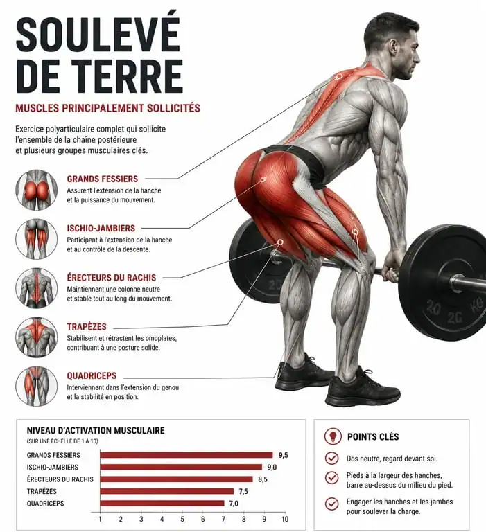 Schéma anatomique des muscles travaillés lors du soulevé de terre