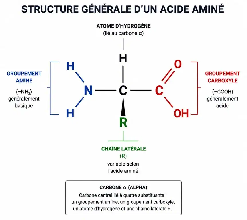 Schéma de la structure générale des acides aminés avec groupements fonctionnels