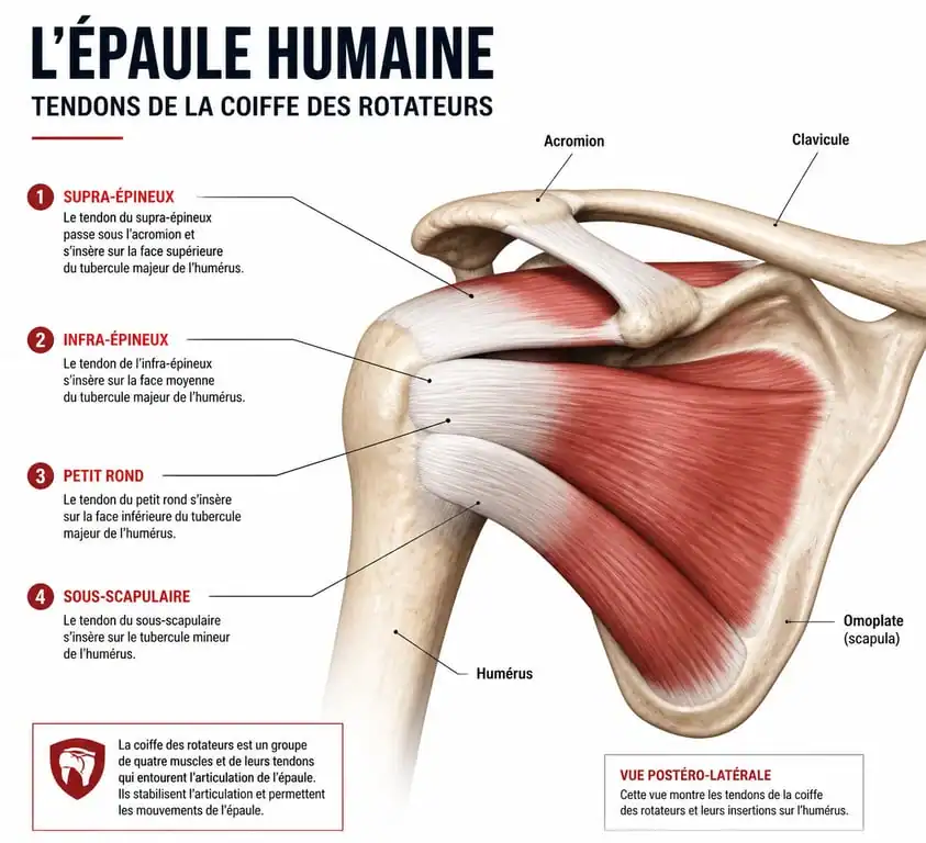 Schéma anatomique de la coiffe des rotateurs pour comprendre la rupture de la coiffe et le travail