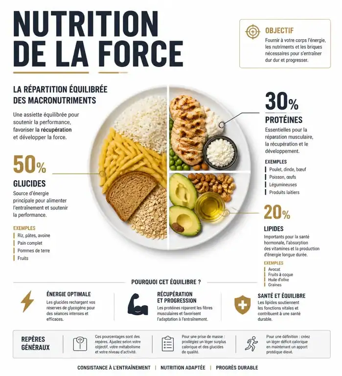 Infographie sur la nutrition de la force et la répartition des macronutriments pour les athlètes