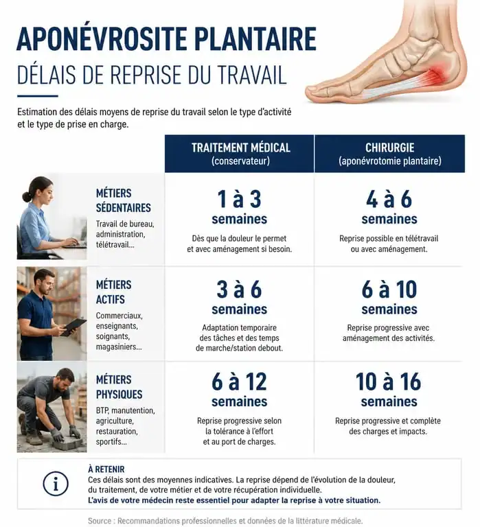 Infographie des délais de reprise du travail après aponévrosite plantaire selon le métier et le traitement