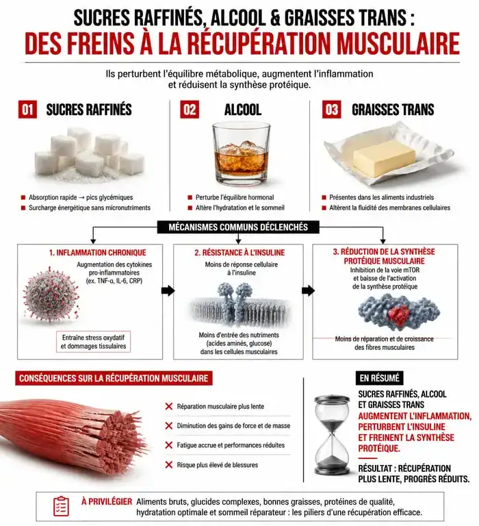 Infographie sur les aliments mauvais pour les muscles et leur impact sur la récupération et la croissance musculaire