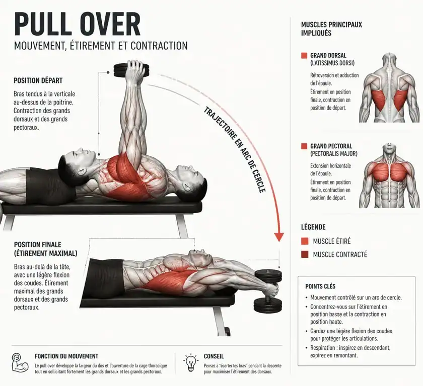 Schéma anatomique du mouvement de pull over pour la musculation