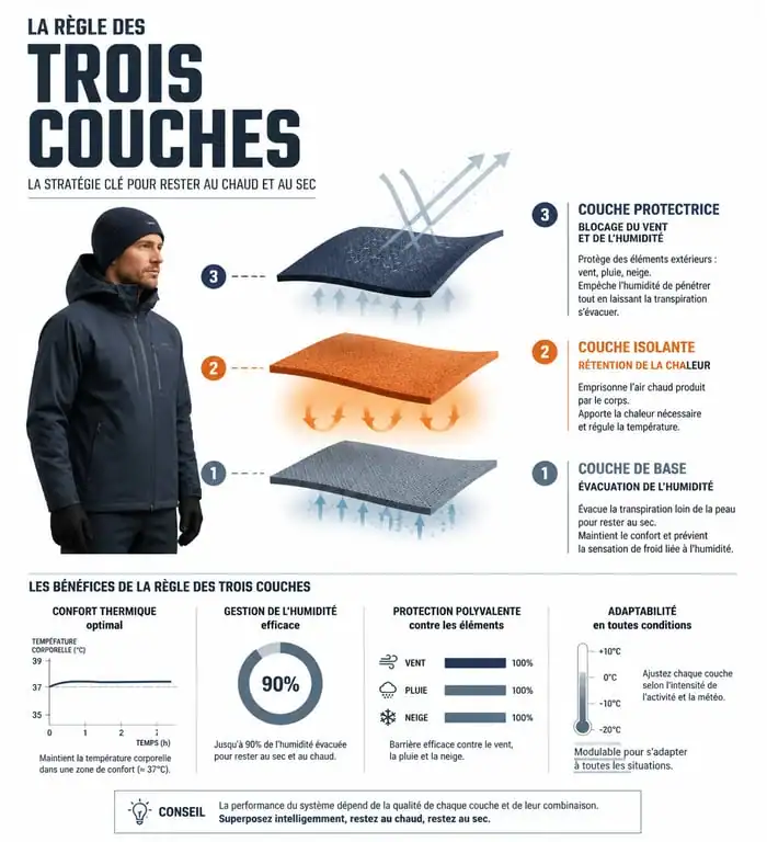 Infographie expliquant la règle des trois couches pour se réchauffer efficacement en hiver