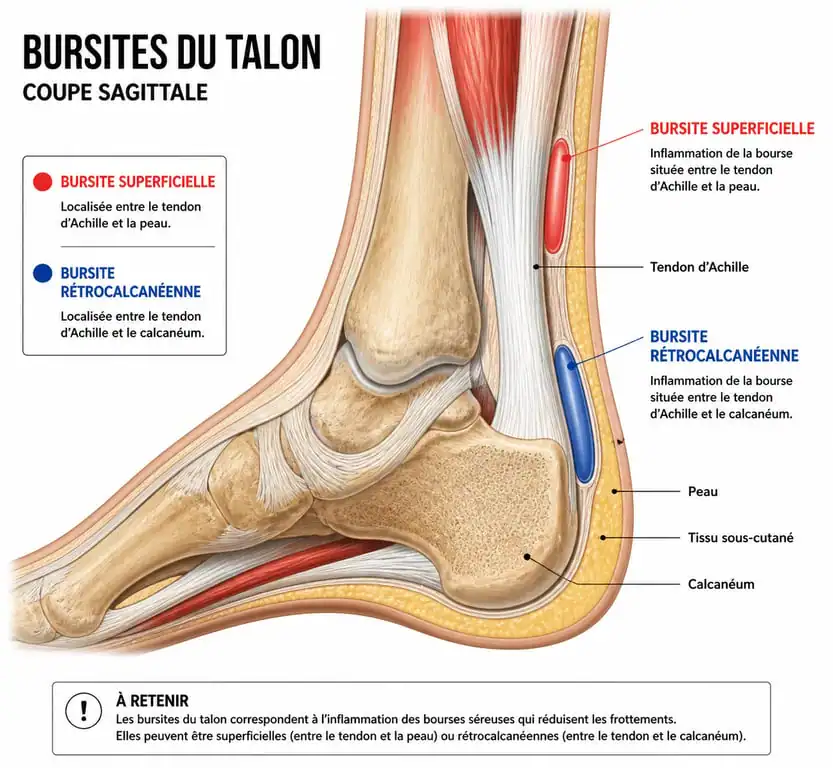 Schéma anatomique illustrant les différents types de bursite du talon : rétrocalcanéenne et superficielle.
