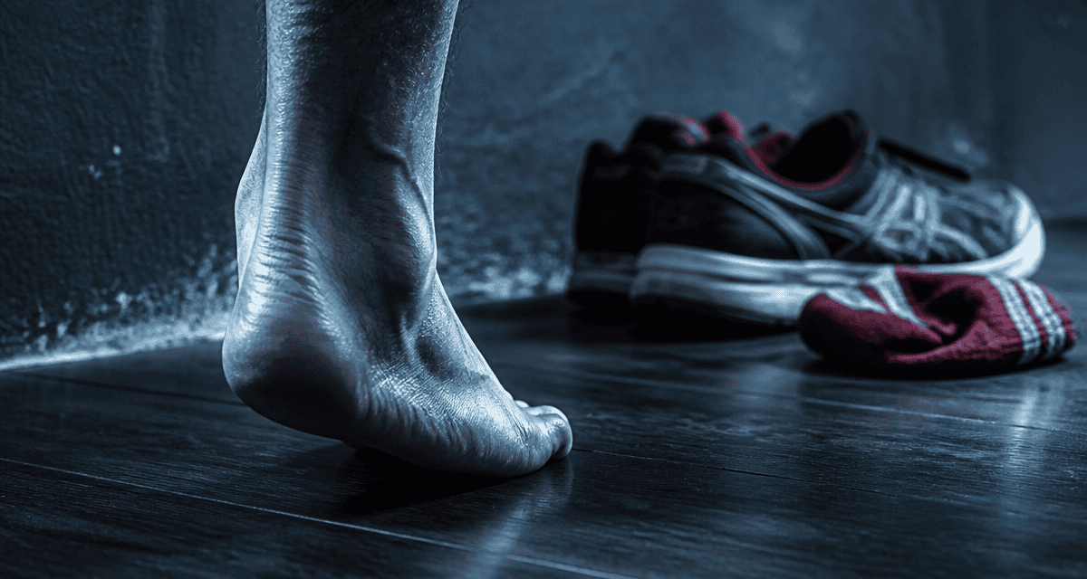 varus du pied vu de dos sur parquet sombre