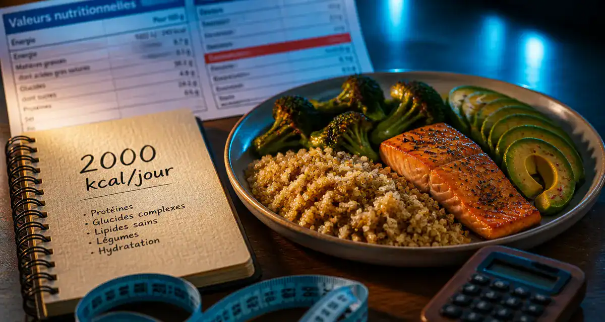 Repas 2000 calories par jour : quinoa, brocoli, saumon, avocat