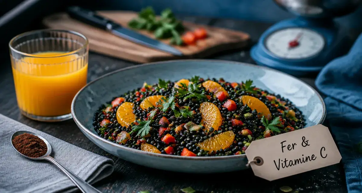 Aliment pour manque de fer : lentilles noires et vitamine C