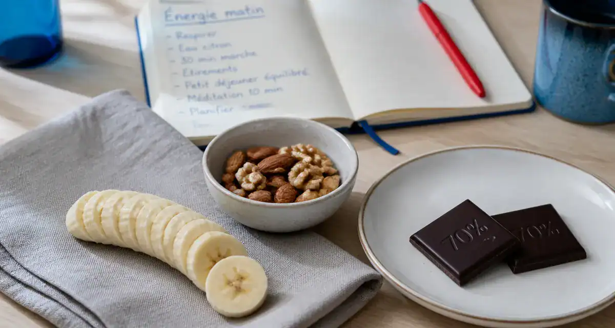Aliment qui donne de l energie rapidement : banane, amandes et chocolat noir