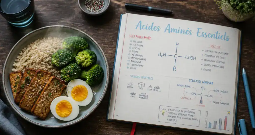 aliments et acides amines essentiels sur une table