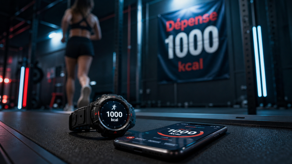 Bruler 1000 calories par jour : “1000 kcal” sur montre et smartphone sur tapis de course