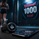 Bruler 1000 calories par jour : “1000 kcal” sur montre et smartphone sur tapis de course