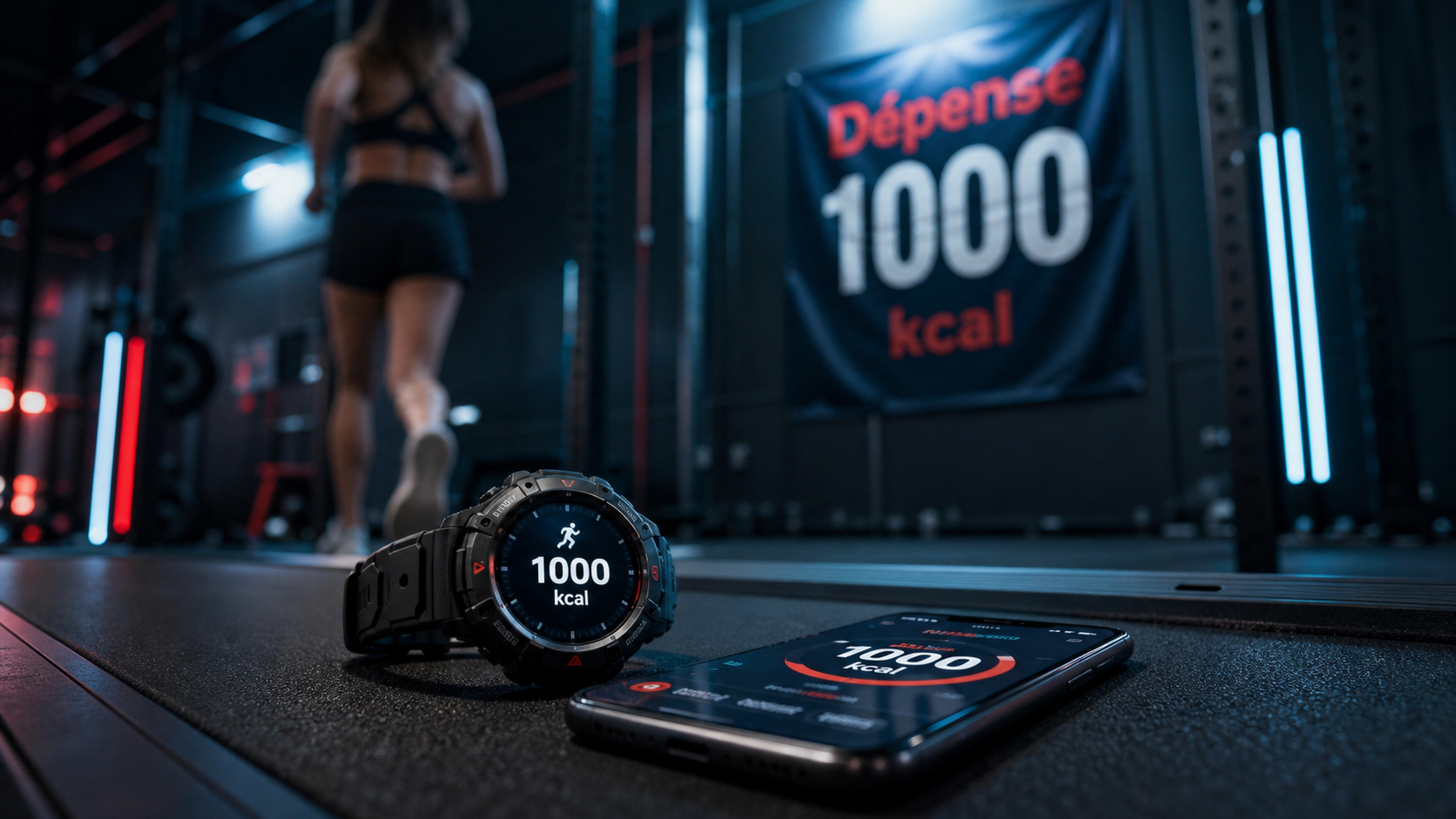 Bruler 1000 calories par jour : “1000 kcal” sur montre et smartphone sur tapis de course