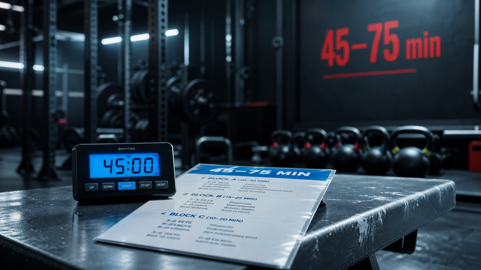 Durée séance musculation : 45–75 min en salle
