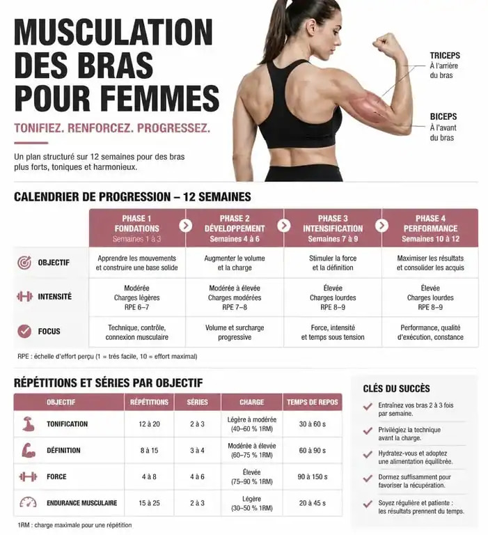Infographie sur le temps nécessaire pour se muscler les bras chez la femme et les exercices recommandés