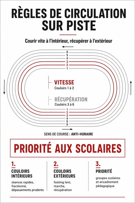 Infographie des règles de circulation et de sécurité sur une piste d'athlétisme ouverte au public