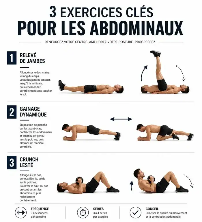 Schéma des trois exercices essentiels pour avoir des abdos rapidement : relevé de jambes, gainage et crunch lesté.