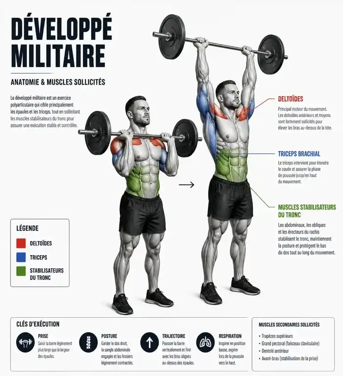 Schéma anatomique des muscles sollicités lors du développé militaire