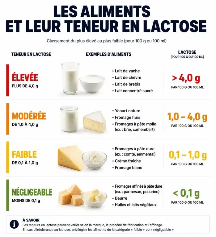 Infographie sur la teneur en lactose dans les aliments pour identifier facilement les produits laitiers à éviter ou à privilégier.